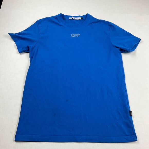 Off White Mens Logo Tee Shirt M Blue Streetwear Minimalist Graphic Designer FLAW - Picture 1 of 9